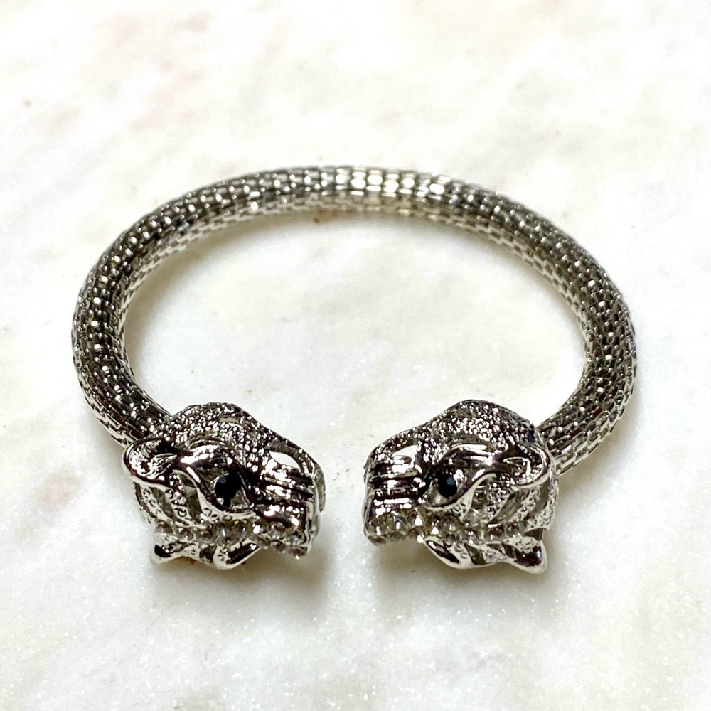 Viking Cuff Bracelet Bangle Mesh Adjustable Bracelet Wristband Silver Tiger Head